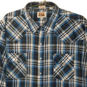 Vtg Ely Cattleman Pearl Snap Shirt Men Sz 3X Blue Plaid Western Cowboy Biker